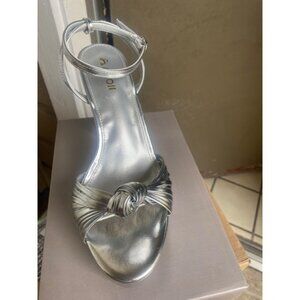 Women 4.8 Inches Braid Knot Platform Block Heels Open Toe Heeled Sandals-Silver